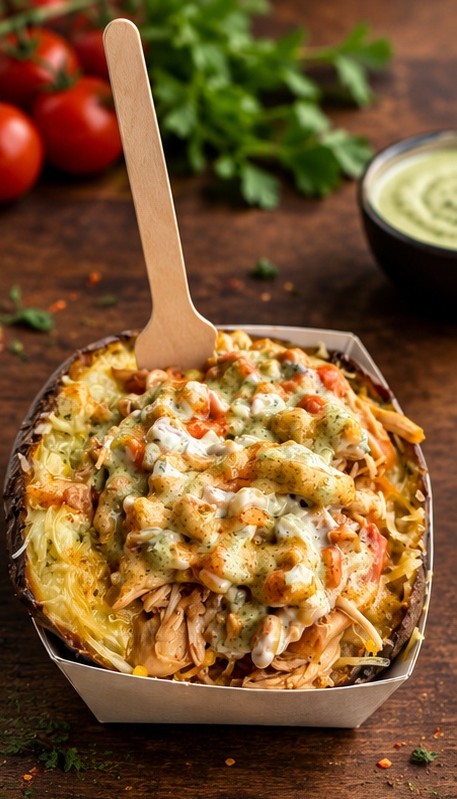 Loaded potato with pulled chicken and garlic sauce