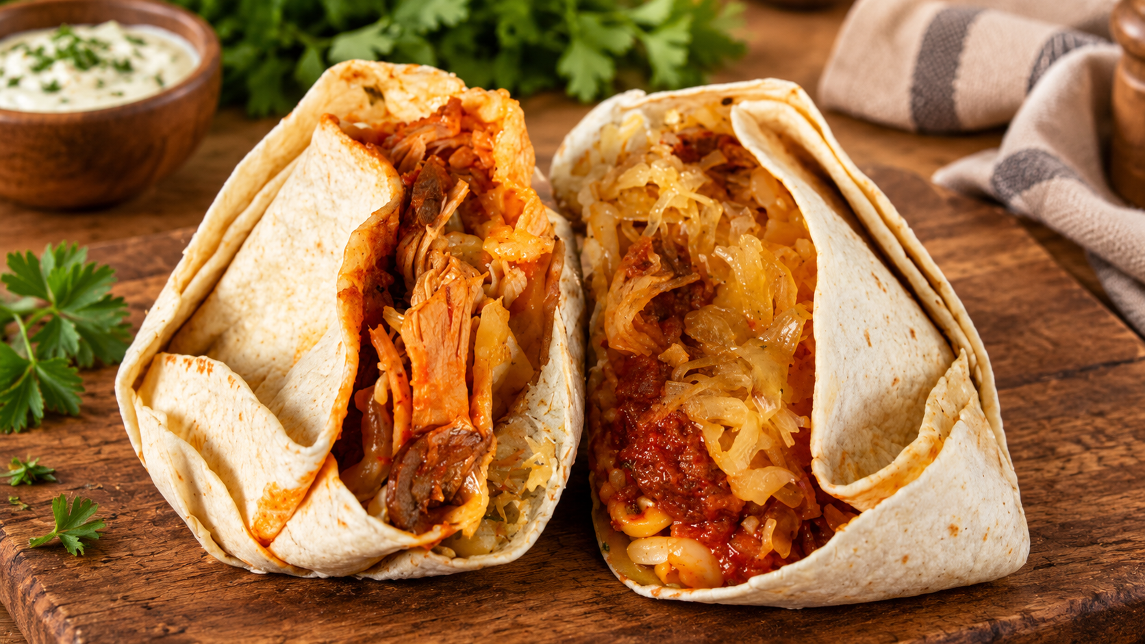 Loaded tortilla wrap with pulled meat and sauerkraut
