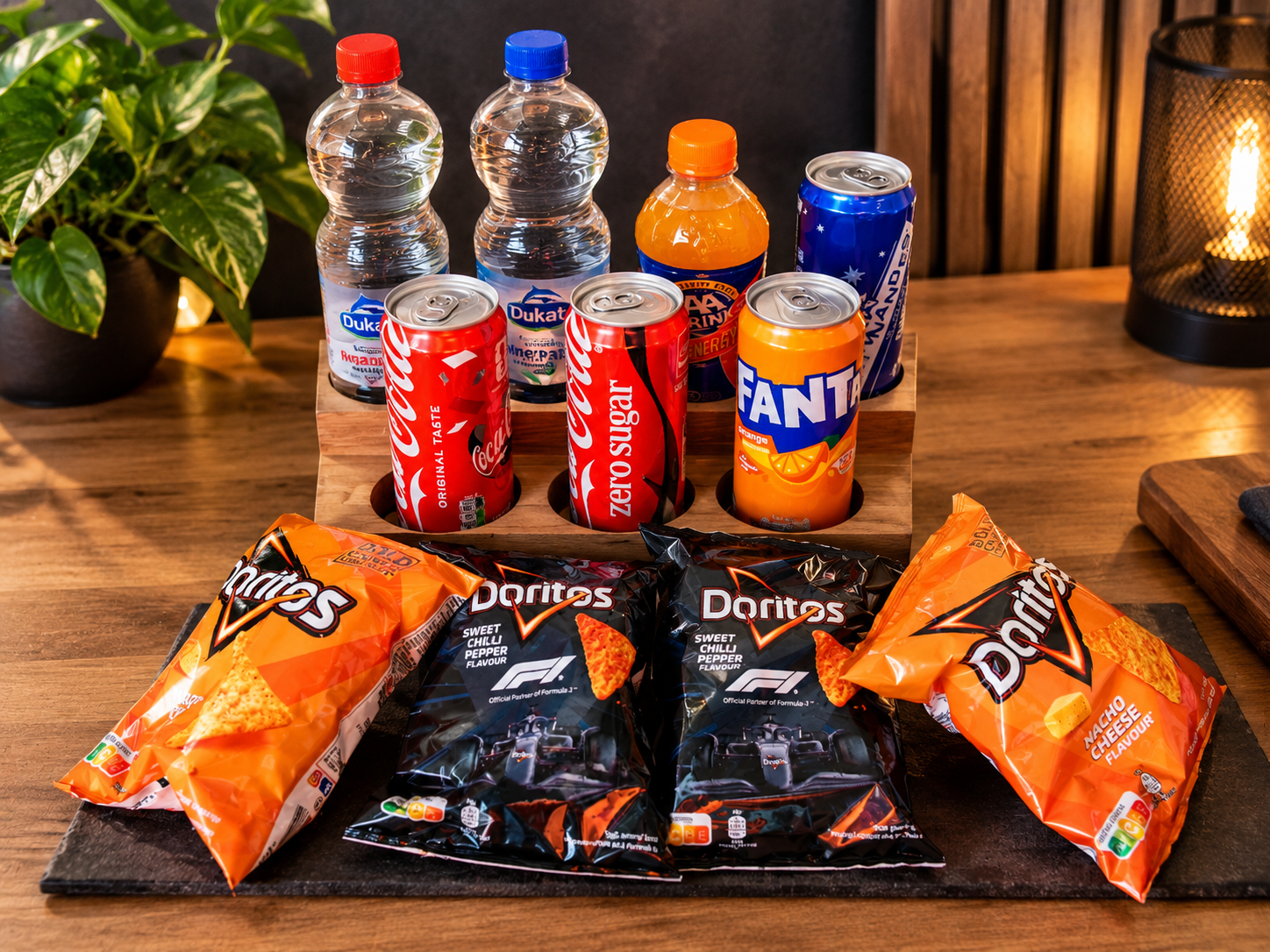 Drinks and Doritos snacks