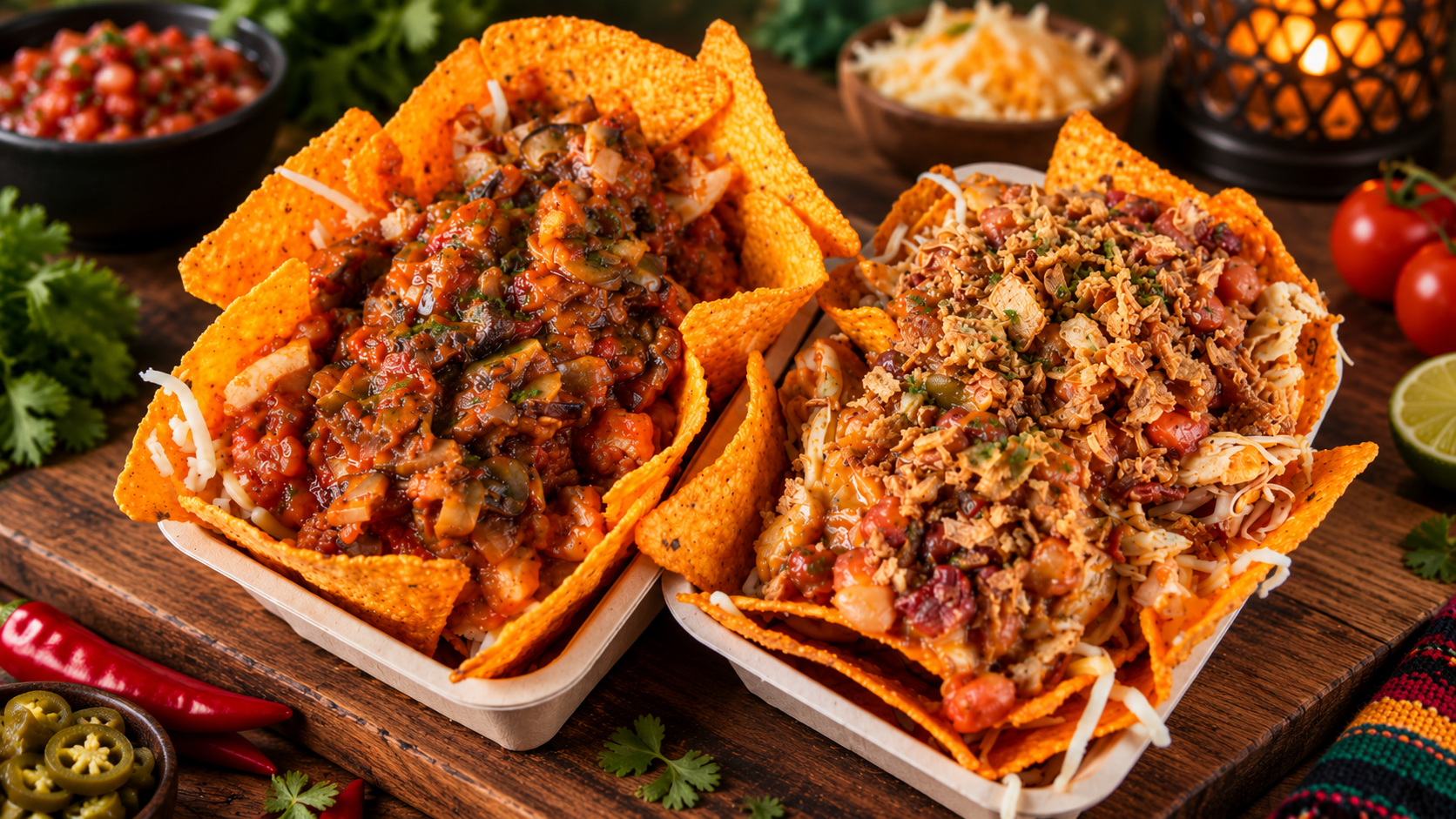 Two trays of loaded Doritos with cheese and toppings
