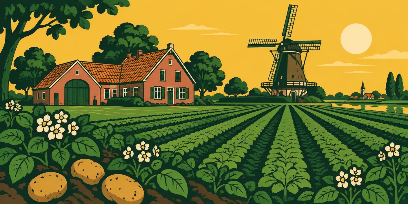 Dutch countryside with potato fields and a windmill